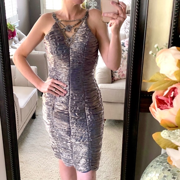 SUE WONGBronze Gold Crystal Nocturne Metallic Gatsby Gown Dress